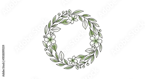 A delicate floral wreath with green leaves and white flowers on a plain white background