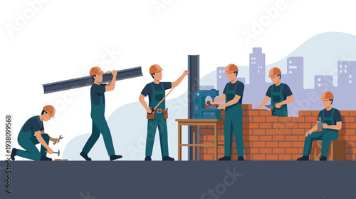 Construction workers building a new structure, performing various tasks