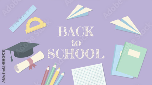 Back to School concept with various educational supplies on purple background