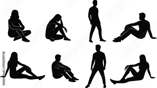 Collection of diverse people silhouettes in sitting and standing poses, men and women relaxing on ground, lonely person, lifestyle graphics,