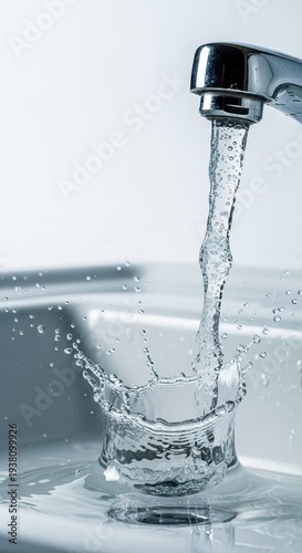 Dynamic high-speed close-up of clear water splashing powerfully out of a silver faucet and impacting the shiny porcelain sink basin surface, household, powerful, flowing