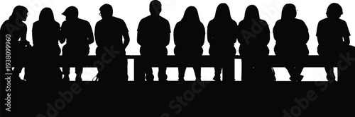 Collection of diverse people silhouettes sitting together on a bench from behind, group of friends talking and relaxing, lifestyle graphics,