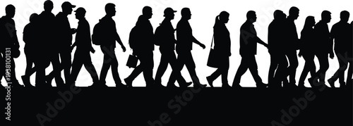 Collection of diverse people silhouettes walking in a crowd, group of pedestrians on the street, commuters on the way, graphics,