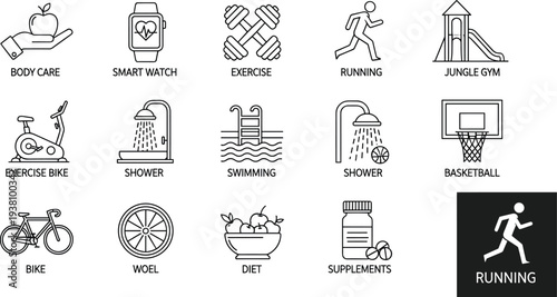 Collection of healthy lifestyle line icons, fitness exercise symbols, gym workout graphics, wellness nutrition signs, sports activity web design elements,