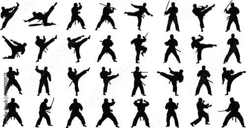 Collection of martial arts silhouettes, ninja and karate fighters in various combat poses, samurai with swords, kicks and fighting graphics,