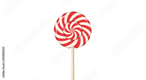 Red and white swirled lollipop on a stick.