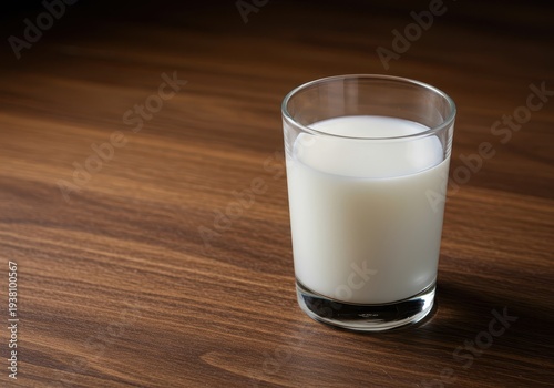 Refreshing white coconut milk served in a clear glass resting on rustic brown wood texture, ideal for tropical drinks and healthy recipes, refreshment, light, serving