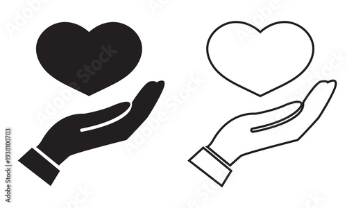 Charity icon. Simple support and care icon showing a hand holding a human figure with heart shape, symbolizing charity, protection, healthcare, and compassion.