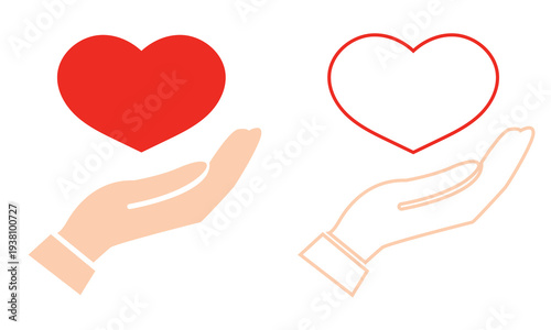 Charity icon. Simple support and care icon showing a hand holding a human figure with heart shape, symbolizing charity, protection, healthcare, and compassion.
