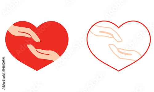 Charity icon. Simple support and care icon showing a hand holding a human figure with heart shape, symbolizing charity, protection, healthcare, and compassion.