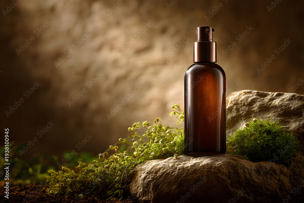 Fototapeta premium Amber Pump Bottle on Mossy Rock in Natural Setting