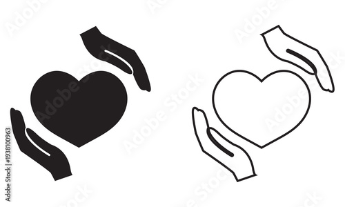 Charity icon. Simple support and care icon showing a hand holding a human figure with heart shape, symbolizing charity, protection, healthcare, and compassion.