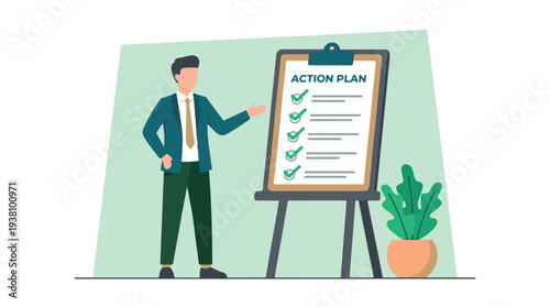 Businessman presenting completed action plan and strategic goals checklist illustration