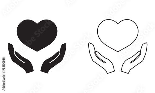 Charity icon. Simple support and care icon showing a hand holding a human figure with heart shape, symbolizing charity, protection, healthcare, and compassion.