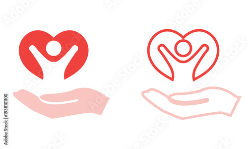 Charity icon. Simple support and care icon showing a hand holding a human figure with heart shape, symbolizing charity, protection, healthcare, and compassion.