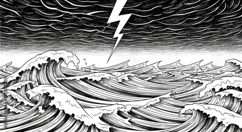 Dramatic illustration of ocean waves under a stormy sky and lightning bolt
