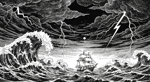 Stormy sea illustration ship battling waves under a dramatic sky