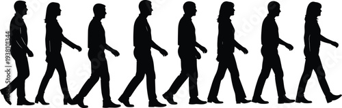 Collection of professional people silhouettes walking in a row side view, men and women commuters moving forward, urban lifestyle graphics,