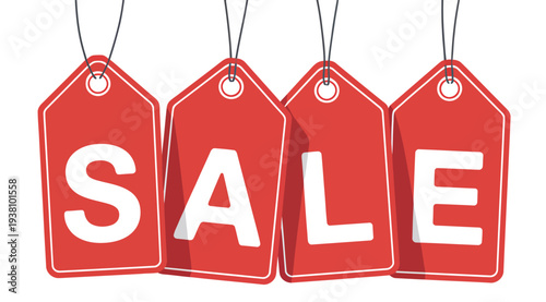 Red Hanging Sales Tags Vector Set, Featuring Shadowed Price Tags Isolated on Transparent Background Perfect for Promotions, Marketing, E-Commerce, and Creative Design Projects.