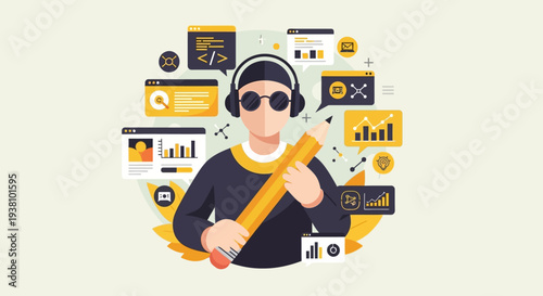 Developer with headphones and pencil surrounded by data, charts, and code snippets