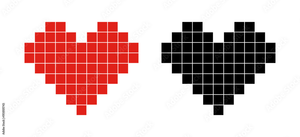 Fototapeta premium Red and black pixel heart icons on white background