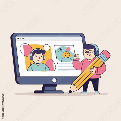 Online learning concept: student with headphones and giant pencil near computer screen with video call