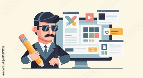 Man with Pencil and Sunglasses in front of Computer Screen with Web Design Elements