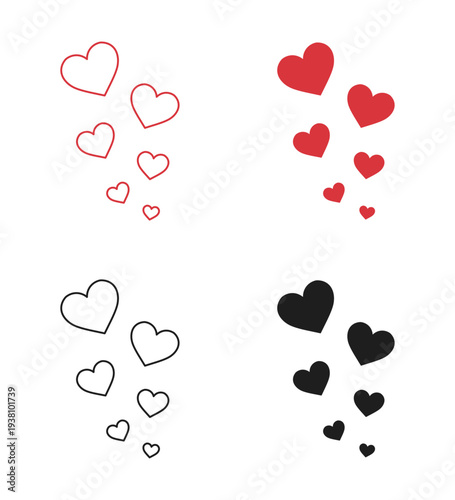 Red and black heart icon set for love and romance themes