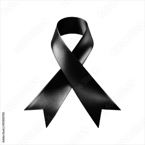 Halftone monochrome illustration of a black awareness ribbon. Symbol of mourning, remembrance, solidarity and social support isolated on light background, concept of loss, grief and memorial awareness