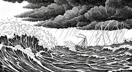 Stormy sea illustration depicting boat navigating waves under dark clouds