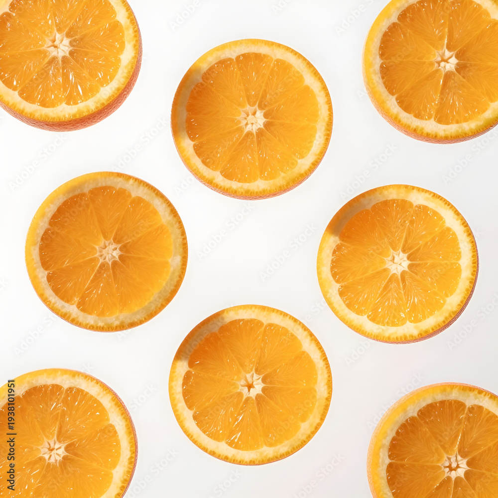Fototapeta premium Slices of fresh orange citrus fruit on white background, top view pattern