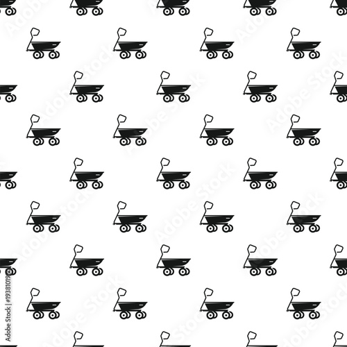 Black and white wheelbarrow garden tool repeating on a white background