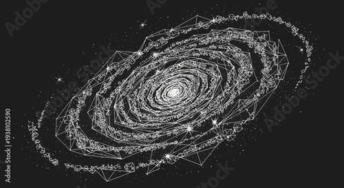 Abstract illustration of a galaxy on a dark background showing swirling stars