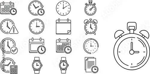 Mega collection of business time management line icons featuring clocks calendars stopwatches hourglasses 24 hour service watches and productivity schedule symbols