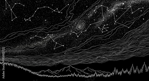 Stunning illustration of the night sky with constellations and landscape
