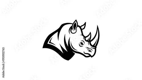 Black and white rhino head in bold tribal style design for tattoos and logos