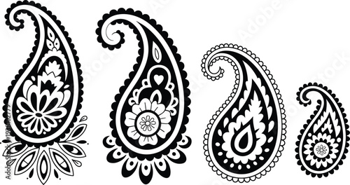 Black and white intricate paisley design set featuring floral and ornamental teardrop motifs, perfect for textile patterns, decorative art, tattoos, and cultural design projects