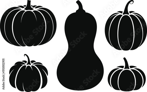 Black silhouette set of pumpkins and butternut squash featuring distinct stem and ribbing patterns, ideal for autumn design, harvest graphics, food art, and seasonal projects
