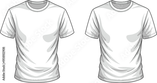 Blank short sleeve t shirt technical fashion flat sketch, front and back view apparel template with stitching details, realistic clothing mockup illustration for garment design