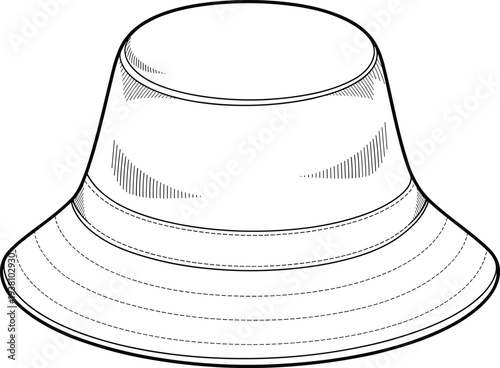 Bucket hat technical fashion flat sketch illustration, classic wide brim summer hat template with stitching details, professional headwear design outline for apparel production and pattern making