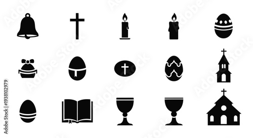 Collection of black and white vector icons representing various religious symbols and Easter holiday elements