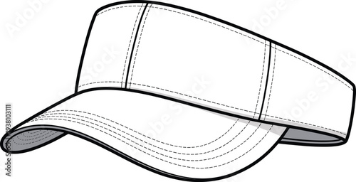 Detailed vector illustration of baseball cap with curved brim, black stitching, structured crown panels, seam details, fashion accessory design, and garment construction sketch