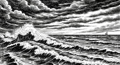 Dramatic monochrome illustration of ocean waves under a stormy sky