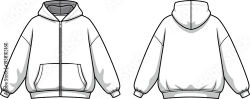 Detailed vector illustration of hooded sweatshirt front and back technical drawing with zipper, kangaroo pocket, ribbed cuffs, hem, and fashion garment design elements