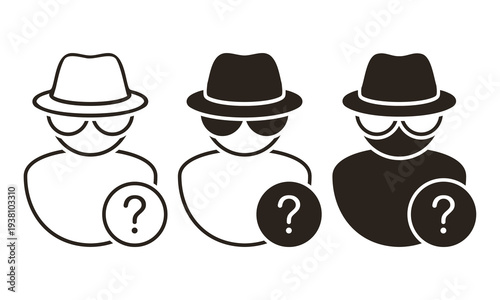 Secret Agent Spy Icon with Hat and Question Mark Symbol. Unknown Identity and Privacy Mode. Vector Illustration