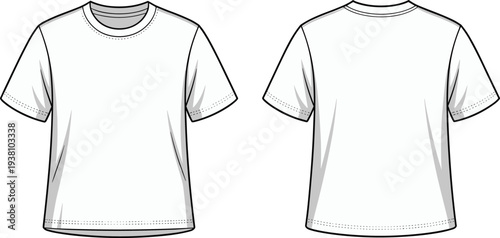 "Plain white short sleeve t-shirt front and back view isolated mockup template with realistic folds, stitching details, round neckline fashion apparel design illustration"