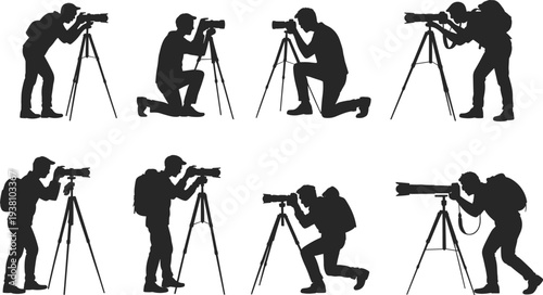 Photographer silhouette collection with camera and tripod in various shooting poses isolated on white background, professional photography illustration set