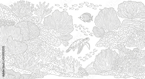 Underwater coral reef scene with marine life in detailed monochrome illustration
