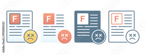 Exam Paper with F Grade and Sad Face Icon. Failed Test Result Symbol. Vector Illustration