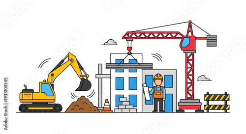 Construction site with excavator and crane building a house.